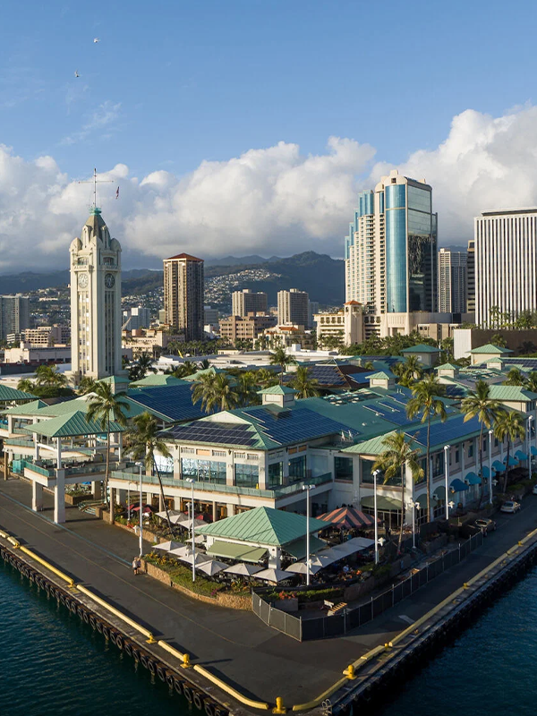 Aerial view of Honolulu skyline and Aloha Tower near Hawaii Pacific University.
