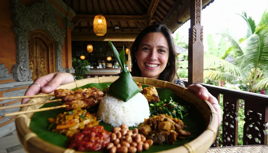 Young woman showing traditional Balinese food at a restaurant in Bali, Indonesia.
