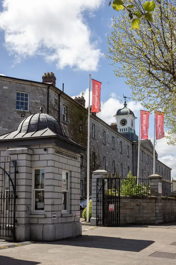 Main entrance and historic campus buildings of Griffith College Dublin in Ireland.