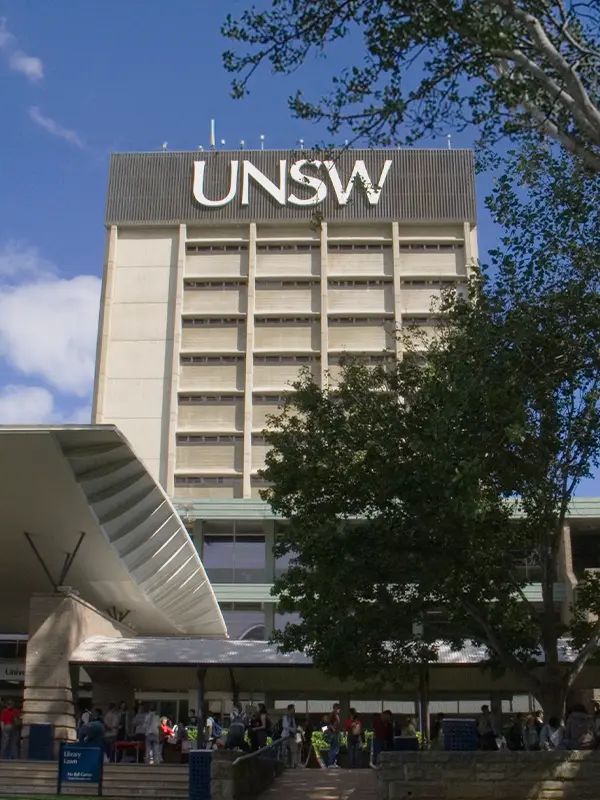 UNSW Sydney university building with students gathered outside on campus in Australia