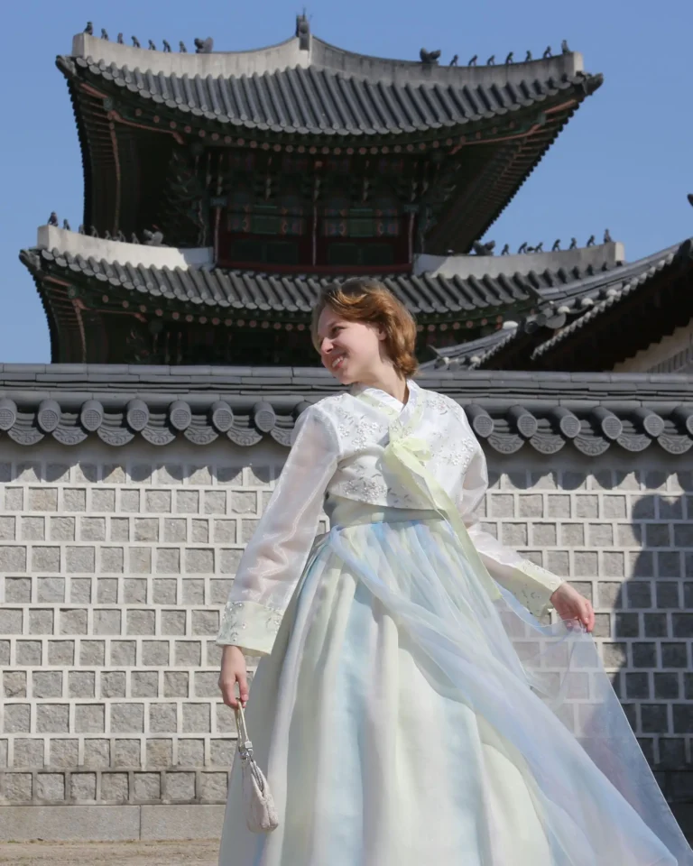Exchange student in South Korea dressed up in traditional Korean clothing