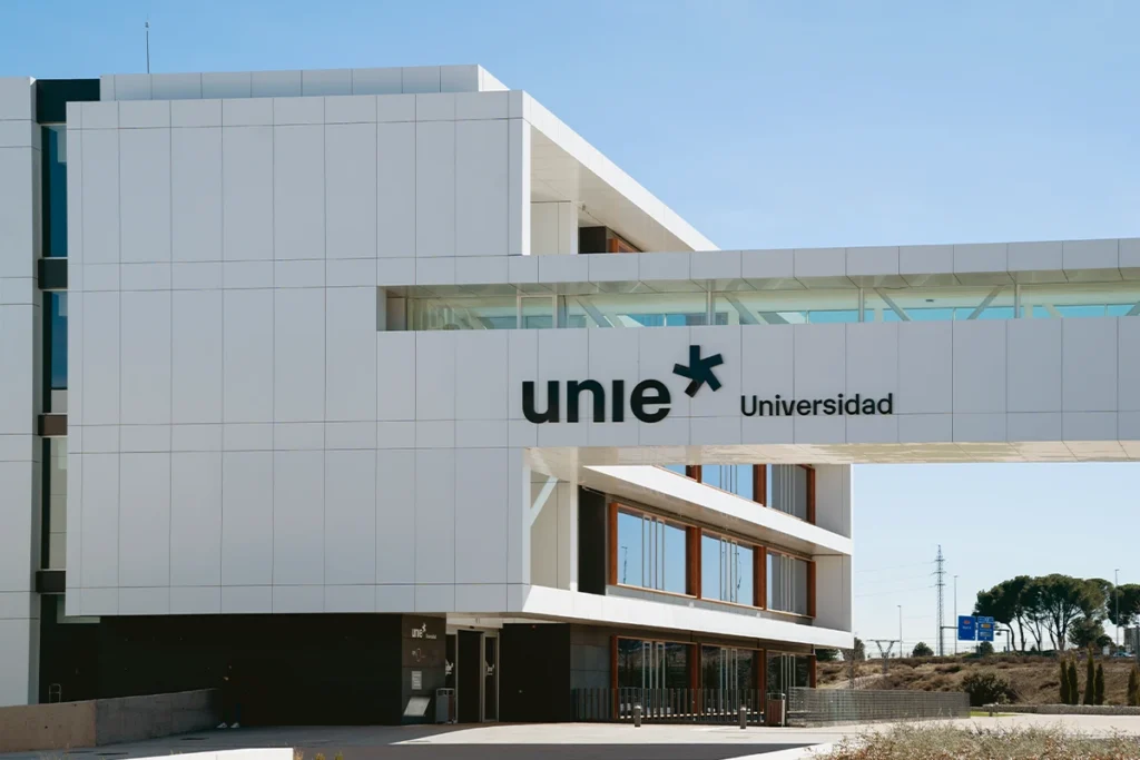 Modern UNIE Universidad campus building in Madrid with contemporary architecture and open surroundings