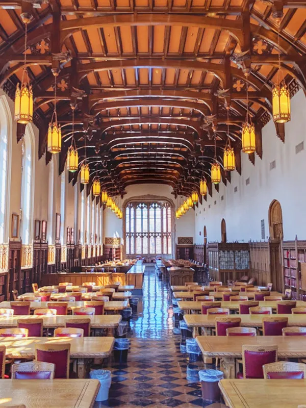 Historic study hall and library interior at Universitat Autònoma de Barcelona with wooden architecture